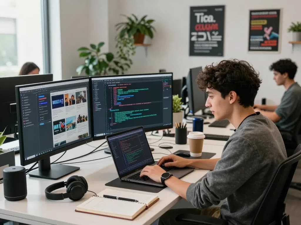 Dynamic workspace of a developer coding on Techsslaash com with vibrant monitors and collaborative atmosphere.