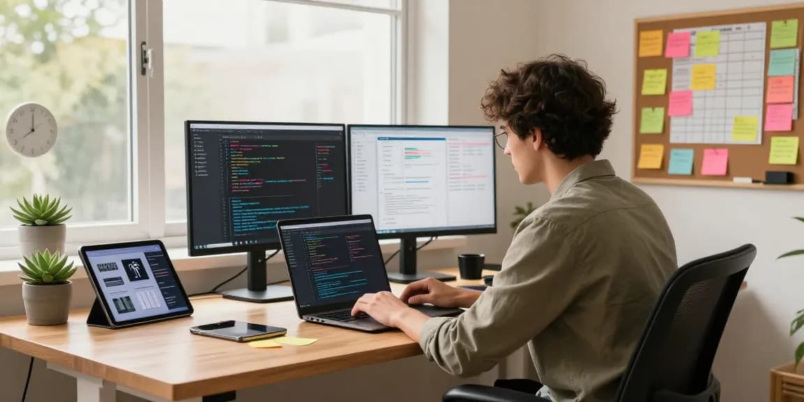 Interactive tech workspace highlighting c88nano.com coding practices, featuring a developer at dual screens, creating applications in a vibrant atmosphere.