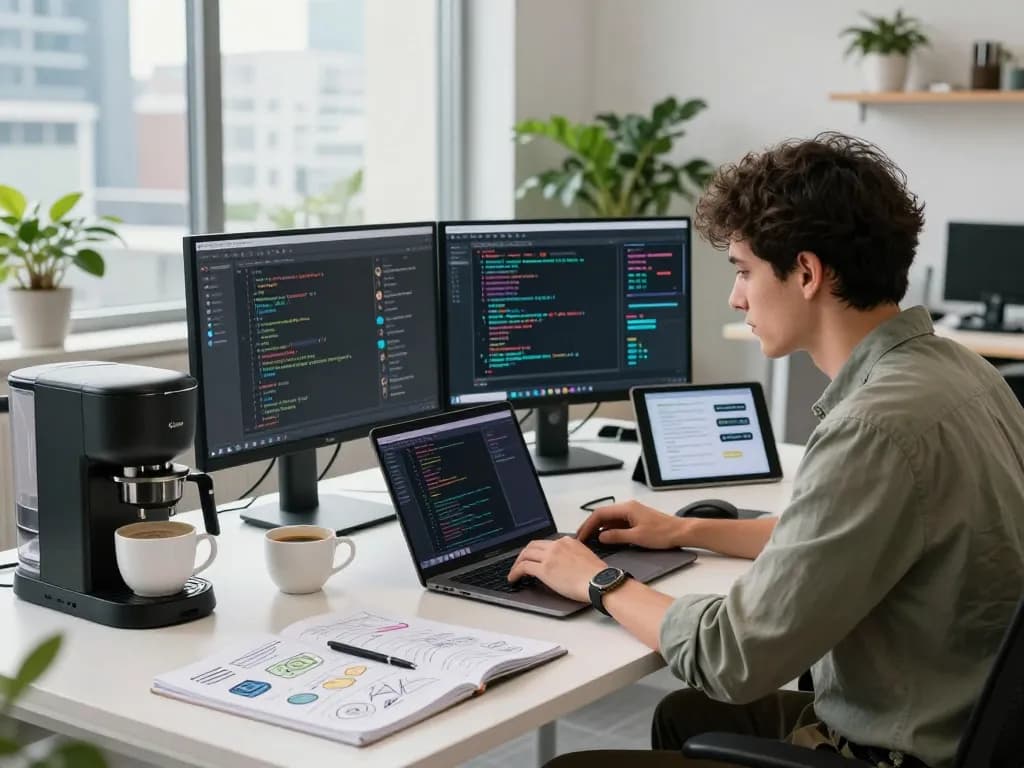 AI developer working on spicy chat ai application in a modern tech workspace with dual monitors and natural light.