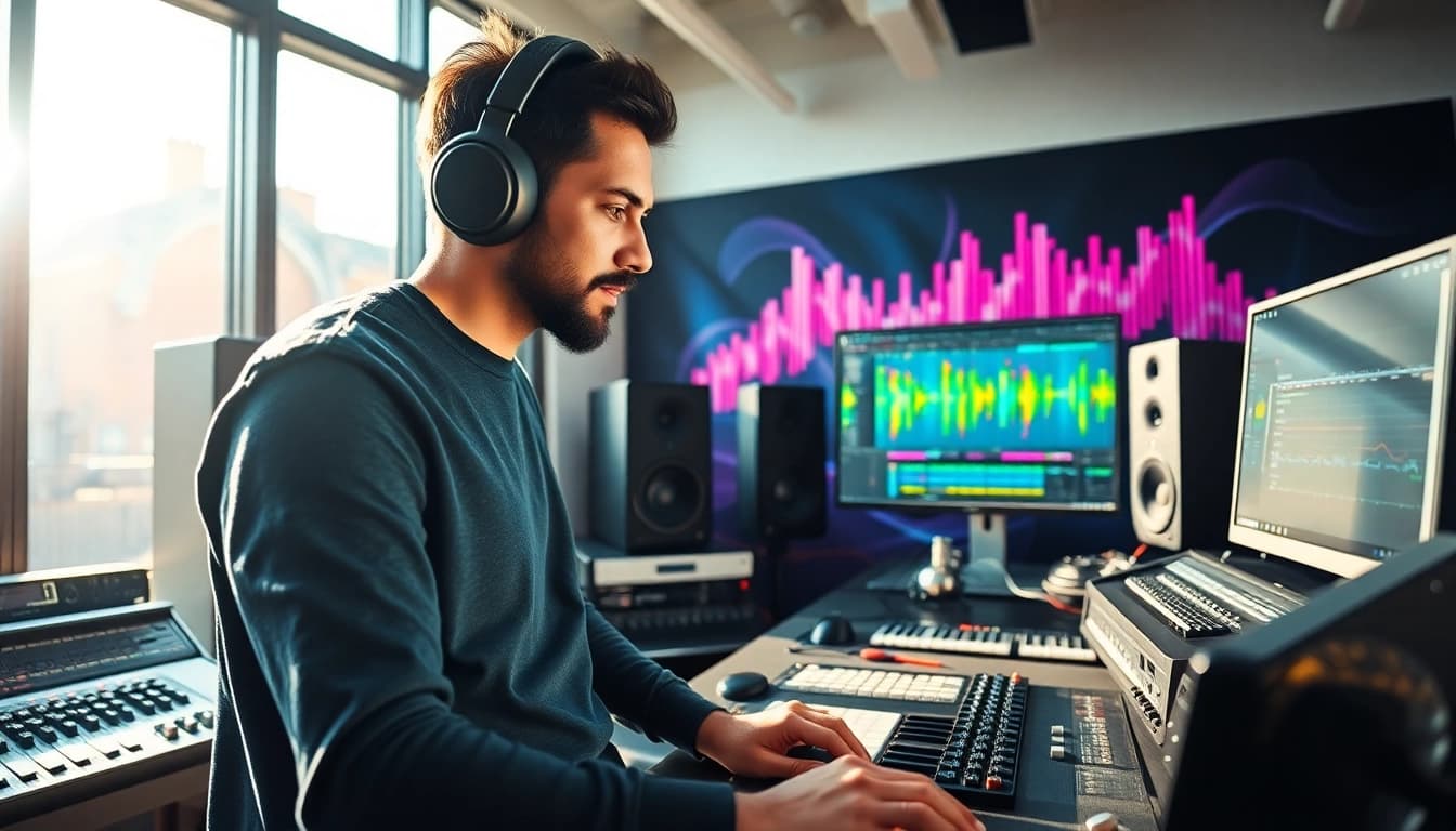 Engaging scene of online mastering in a vibrant music studio featuring advanced audio equipment.