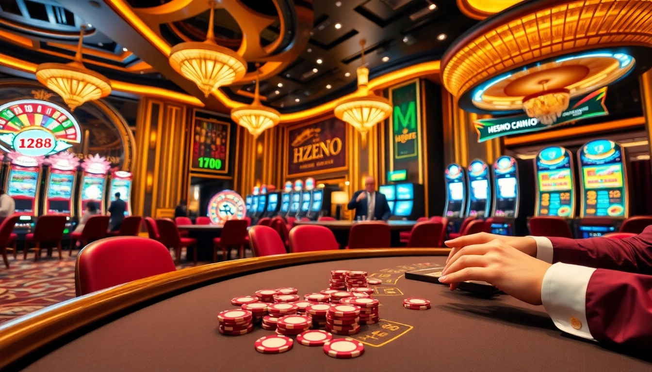 Experience the exciting gambling action at HZ88 with a lively casino scene featuring games and players.