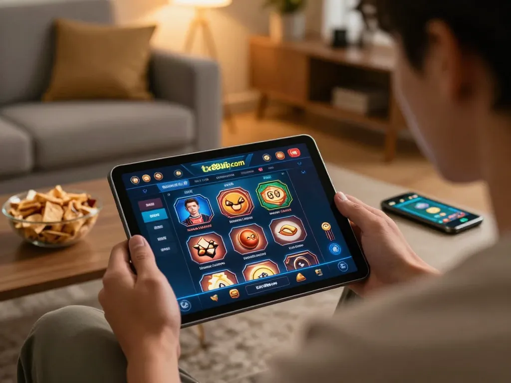 Engaged player using tx88vip.com on tablet in a cozy home gaming setup, reflecting modern online casino experience.