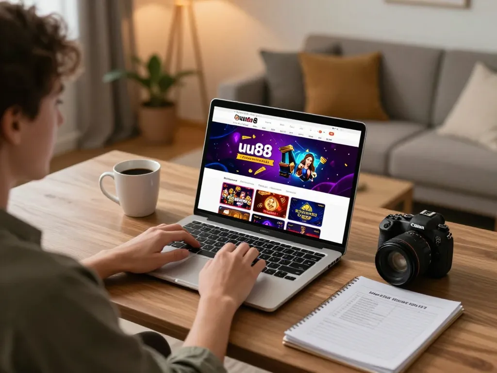 Experience uu88 online gaming with an engaging home casino setup, laptop displaying interactive games