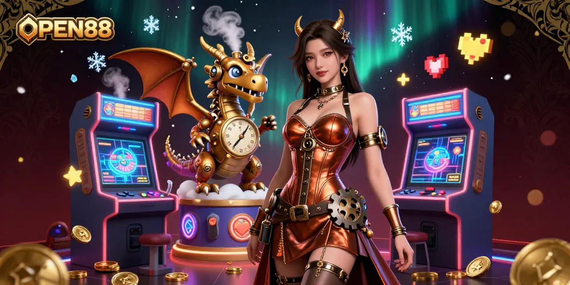 Experience thrilling gaming action at OPEN88 with vibrant arcade machines and enchanting characters.