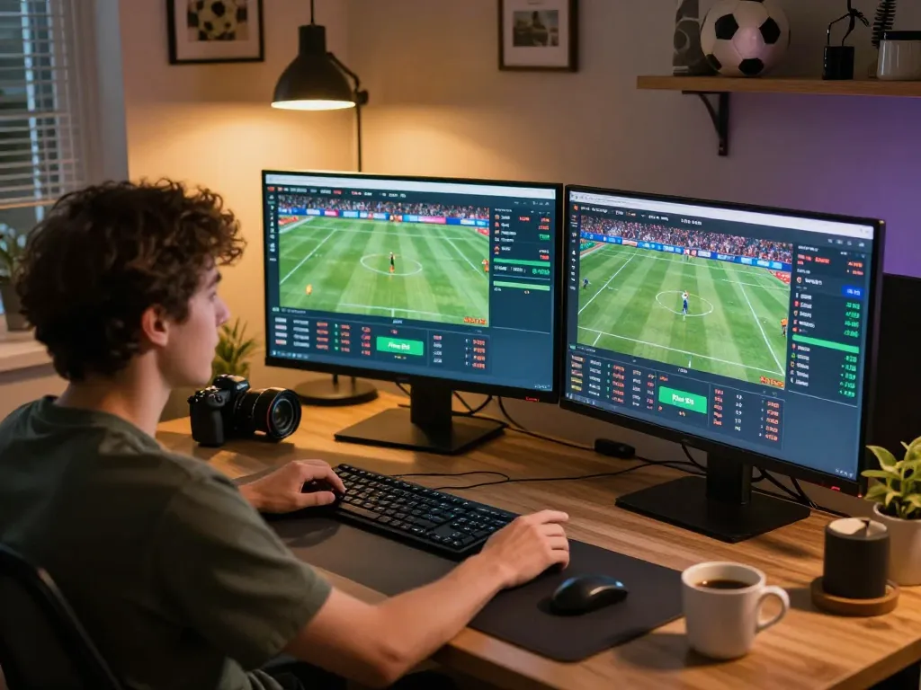 Engaged user placing bets on SKY88 com sports betting interface in a cozy home office setup.