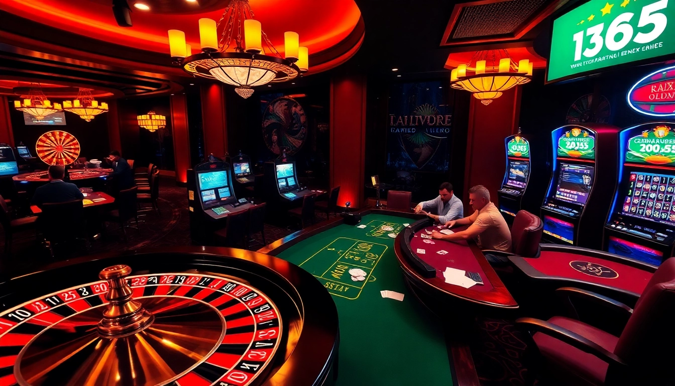 Players enjoying thrilling games at OK365's vibrant casino with roulette and poker.