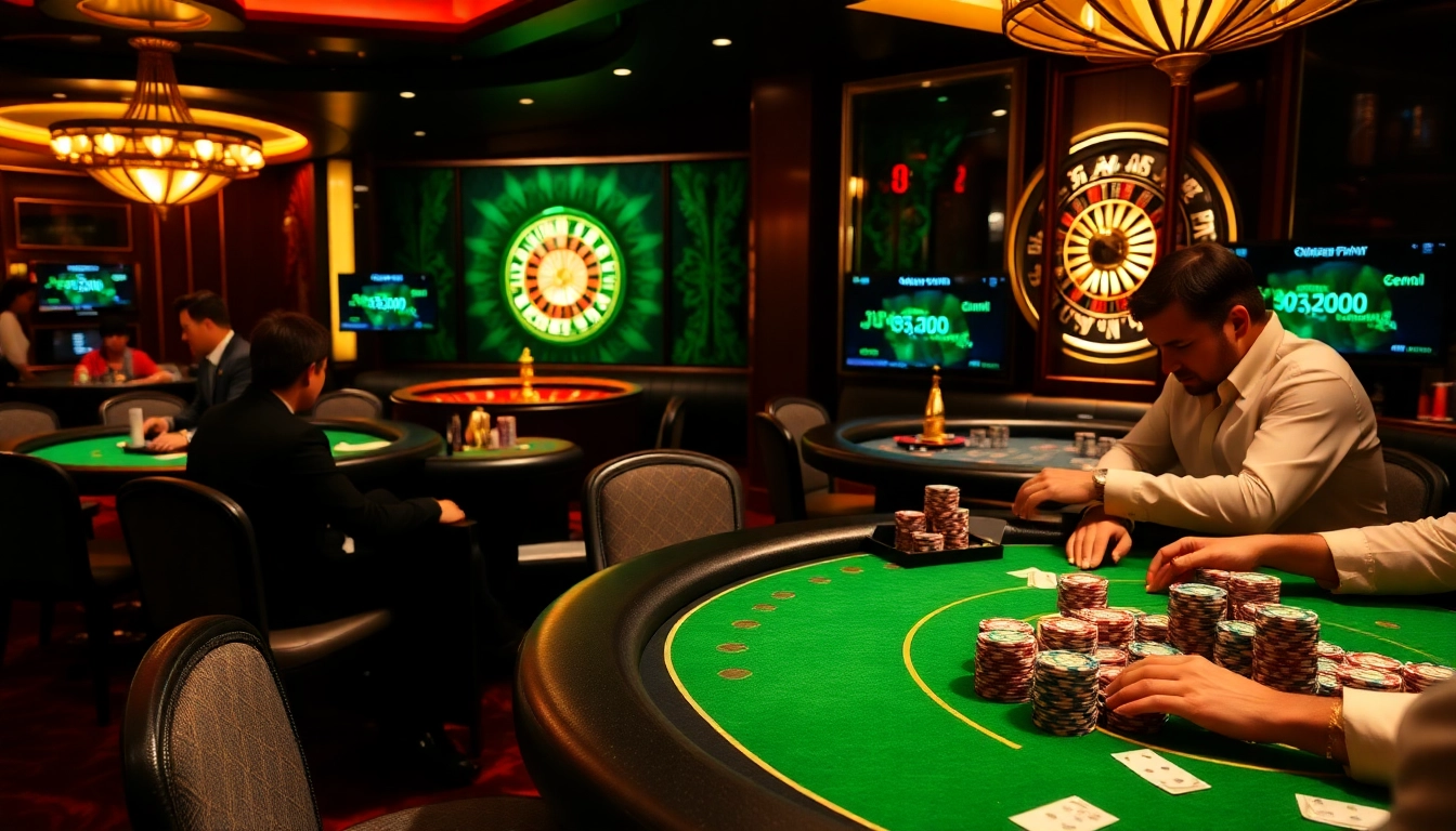 Experience the thrill of gambling with a luxurious casino scene showcasing the kp88 link in high-stakes poker action.