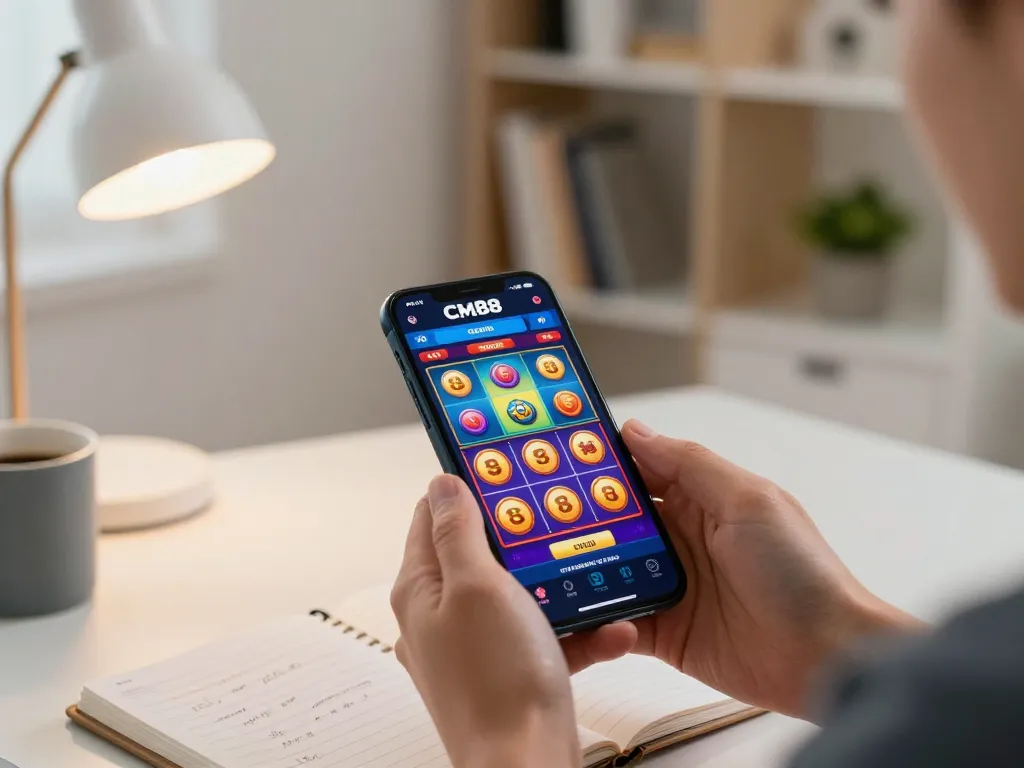 Engaging with CM88 mobile casino app in a cozy home setting while enjoying the thrill of slot gaming.