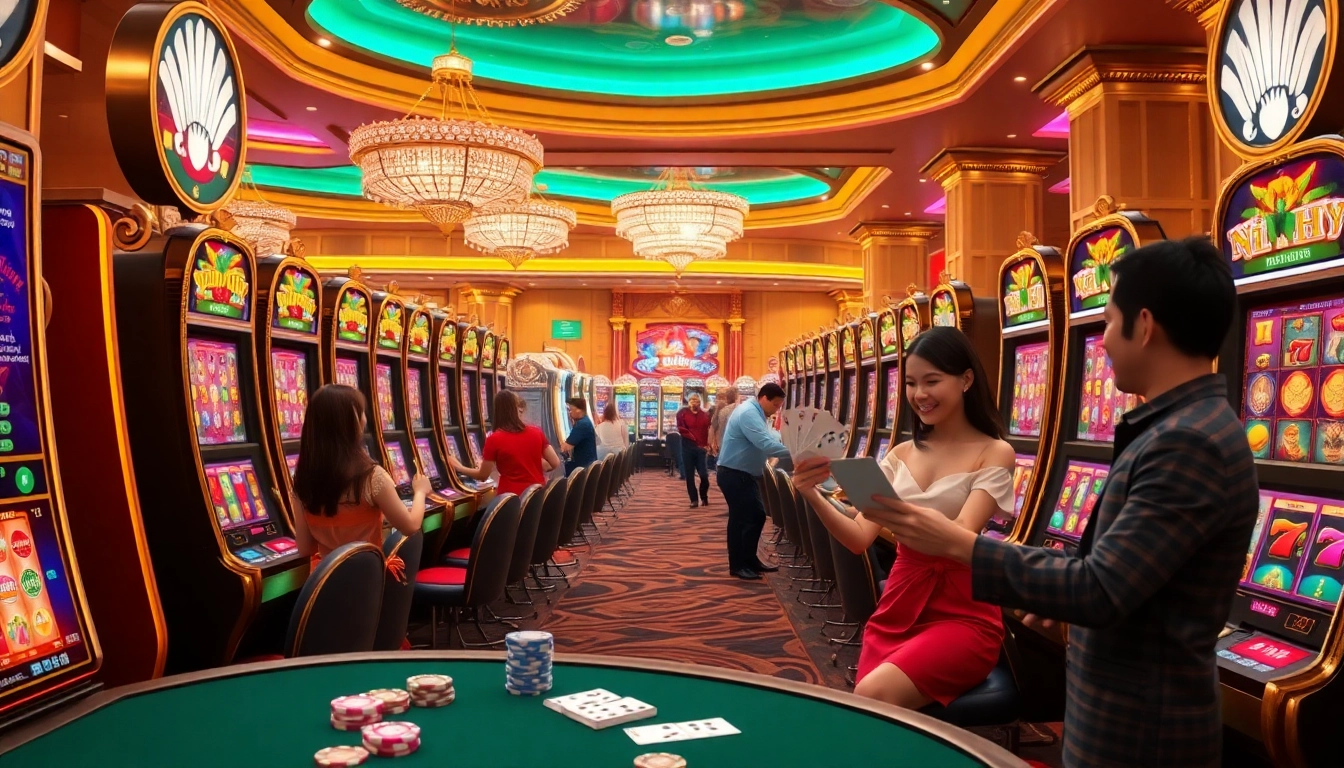 Players experiencing nổ hũ excitement at luxury casino slot machines.