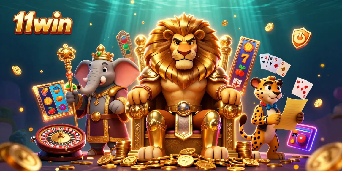 Engage in the fun with 11win as casino elements surround a lion king, elephant advisor, and cheetah messenger.