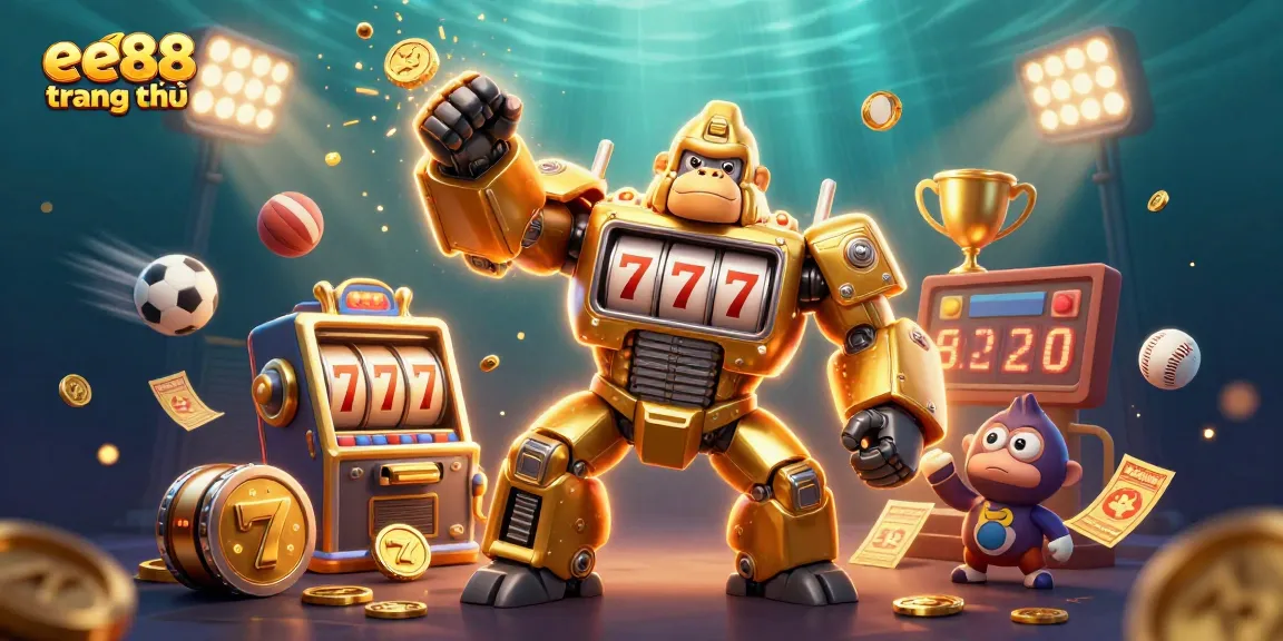 Engage with the exhilarating world of ee88 trang chủ featuring a golden gorilla mech amidst vibrant casino elements.