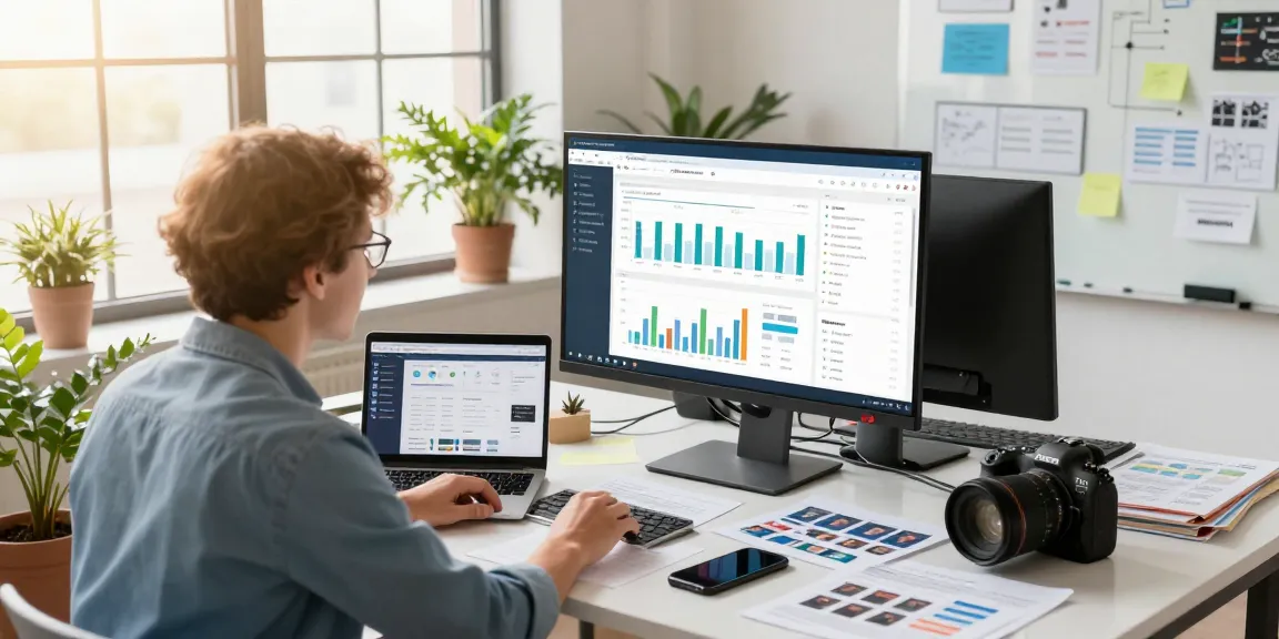 Marketer analyzing data on xn88nano.com in a bright office workspace filled with marketing materials.