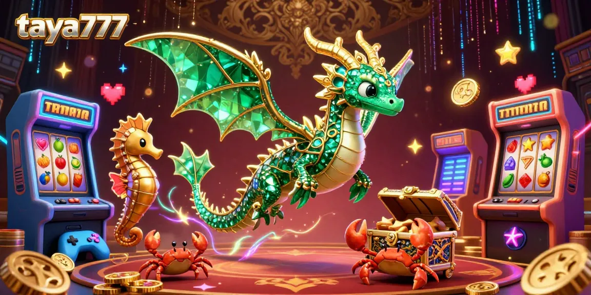 Experience vibrant gaming at taya777 with a detailed 3D illustration of an emerald sea dragon among casino elements.