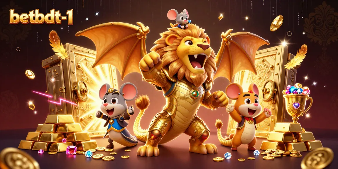 Experience thrilling gaming action at betbdt-1 with a vibrant 3D chimera creature amidst golden treasures and fun elements.