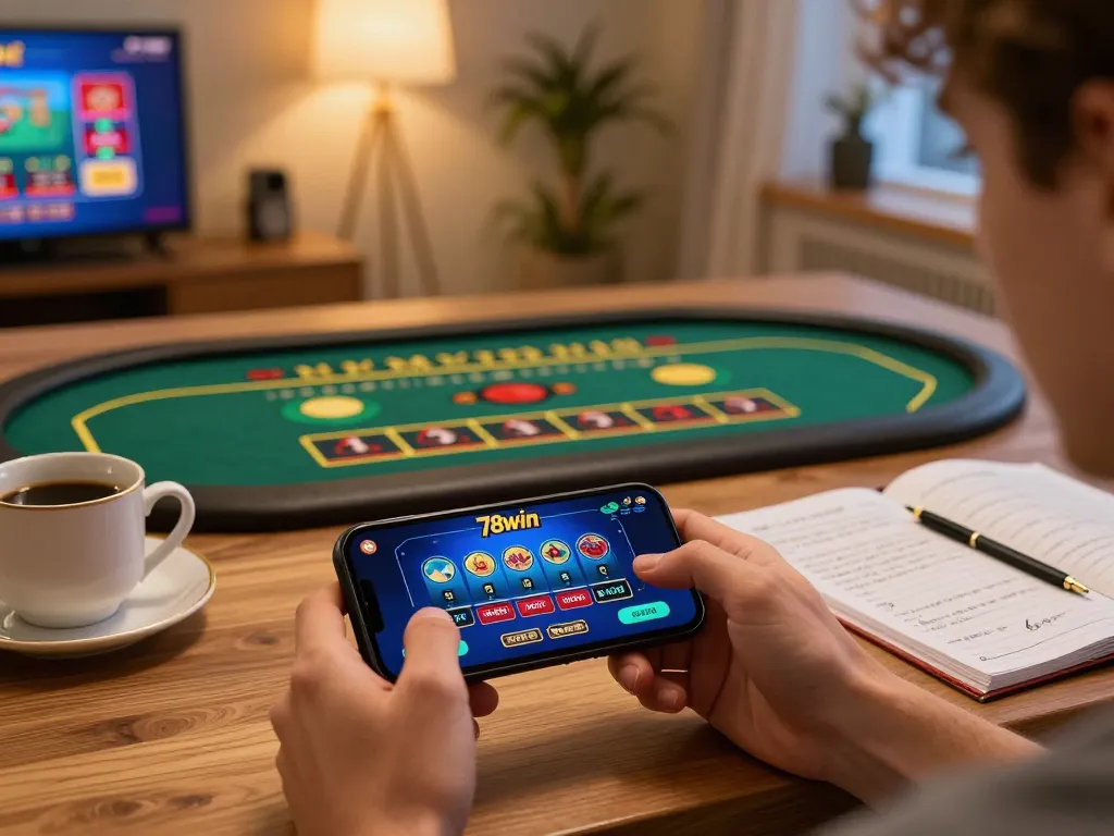 Engaging with the 78win casino app during a cozy home gaming session