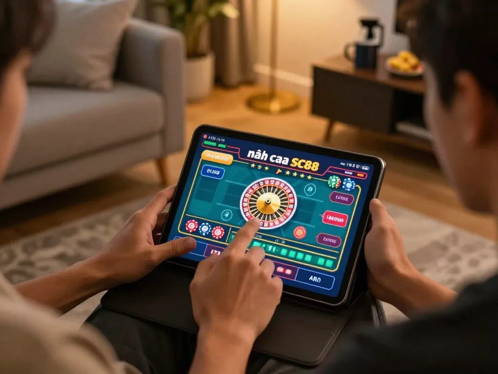 Player engaging with Nhà cái SC88 on tablet during an exciting online gambling session.