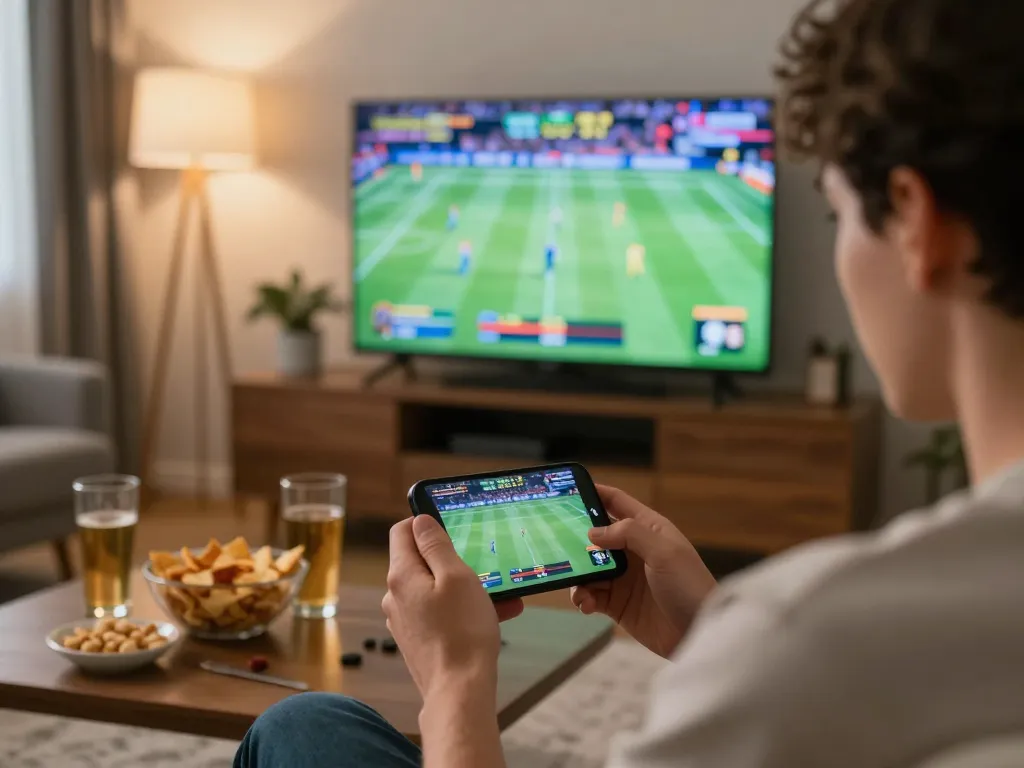 Person using sports betting app on smartphone during live sports event at home, showcasing oxbet3.