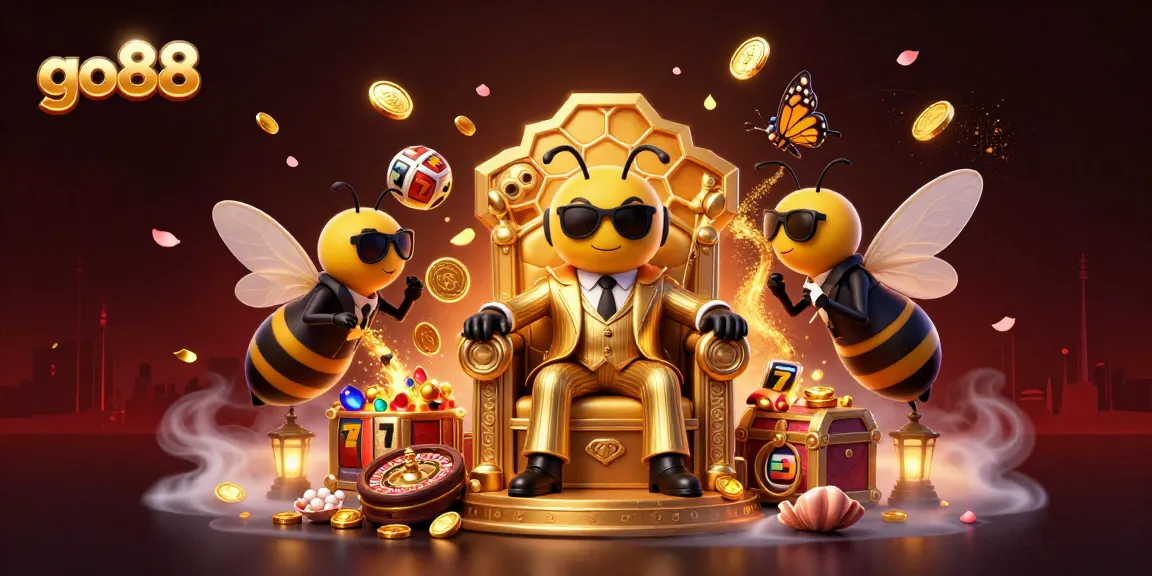 Experience the excitement of go88 with a digital casino illustration featuring a mob boss, bodyguards, and vibrant gaming elements.