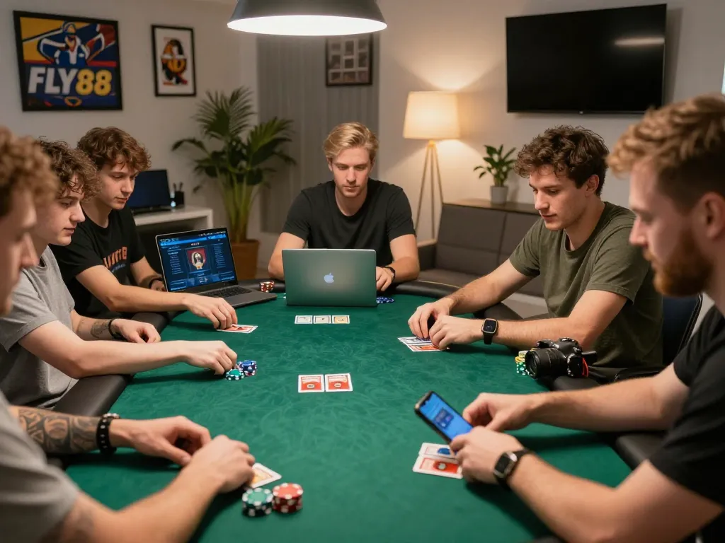 Players strategizing their poker hands on FLY88's online platform, showcasing an engaging and exciting gameplay moment.