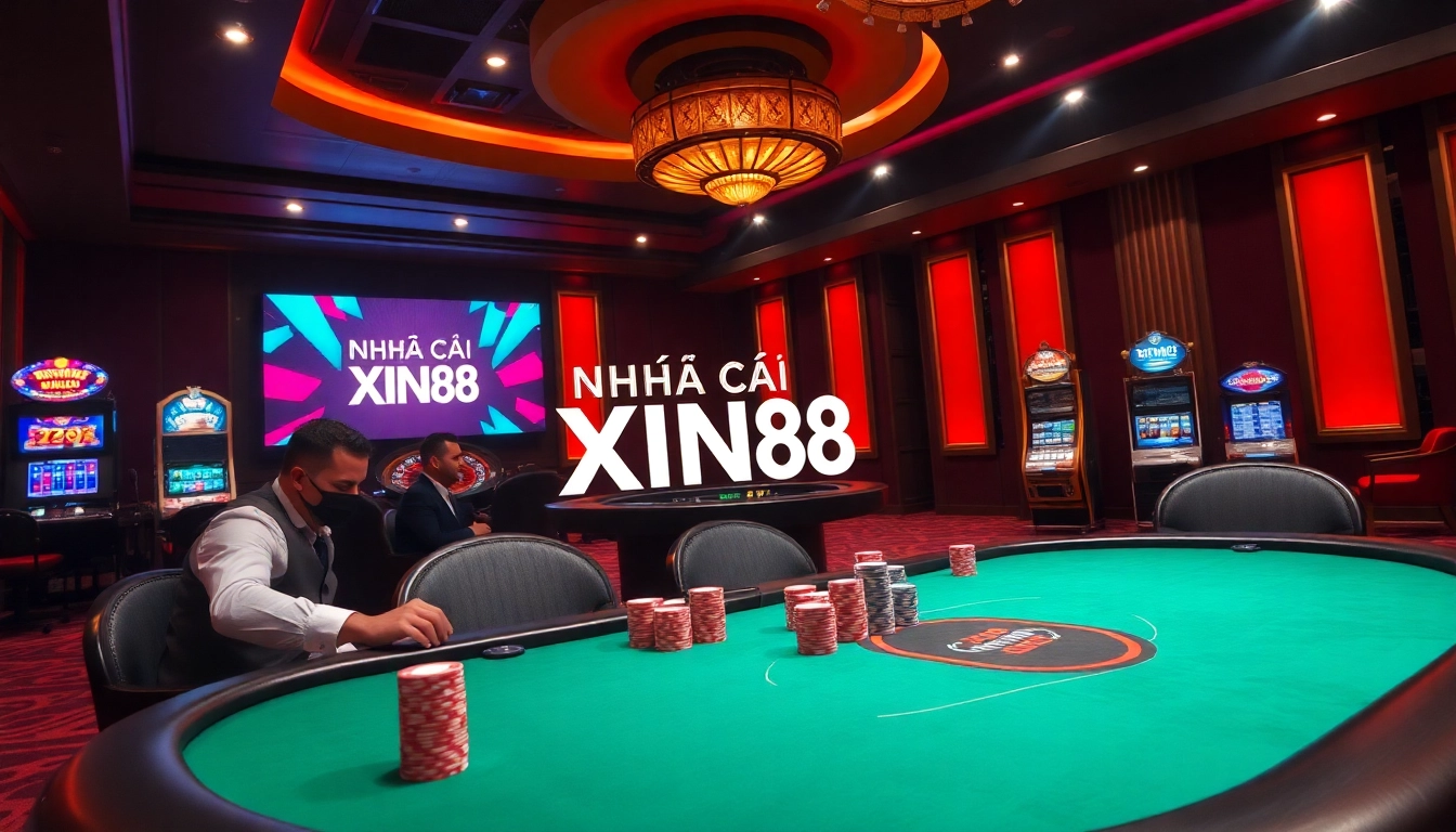 Gambling action at Nhà Cái XIN88 with poker players strategizing at a casino table.