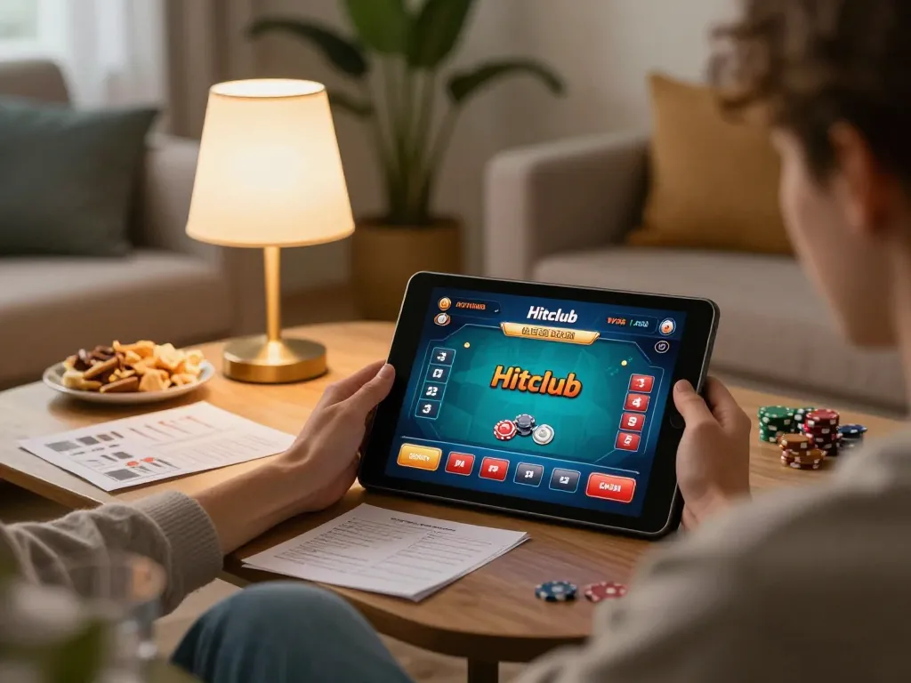 Engaging in online poker with Hitclub on a tablet at home while tracking bets.