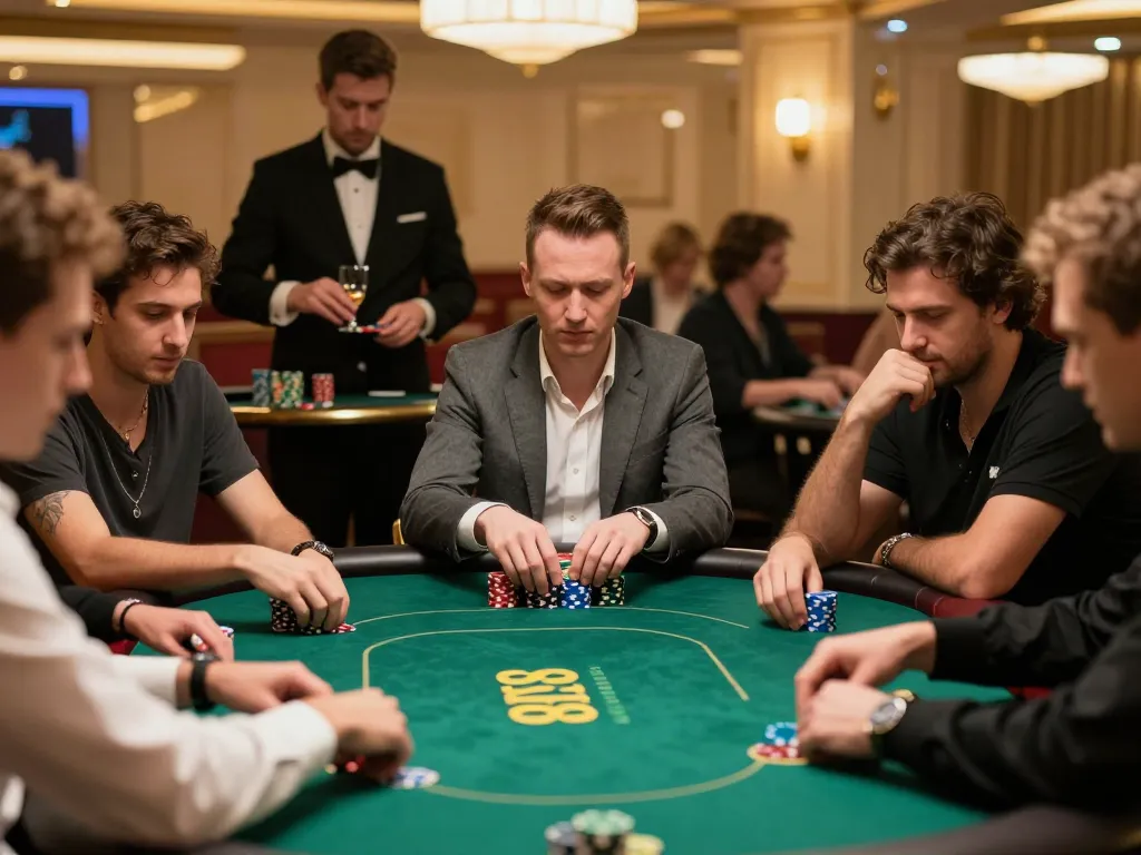 Engaging poker game at SKY88 with players showing excitement and tension during high-stakes gameplay