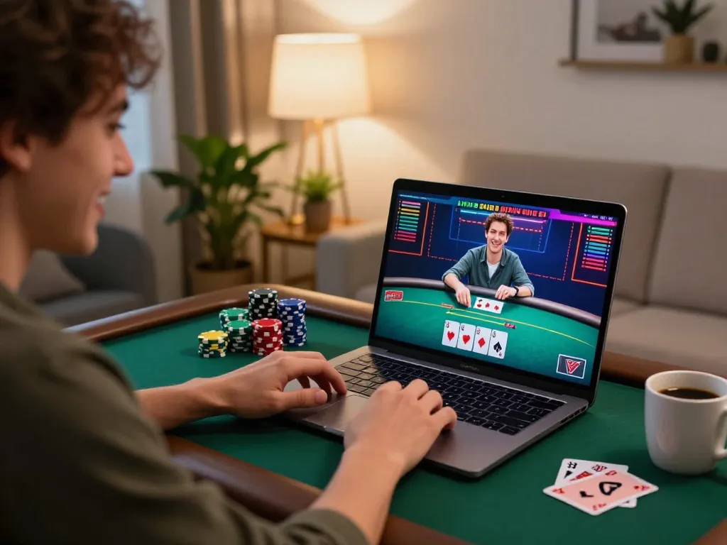 VUA88 player enjoying an online poker game at home, showcasing strategy and engagement
