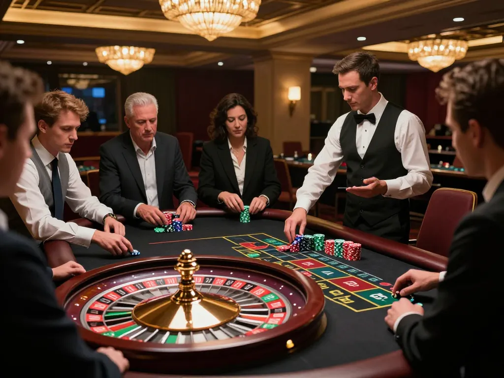 Engaged players placing bets on RED88 roulette table amid luxury casino ambiance