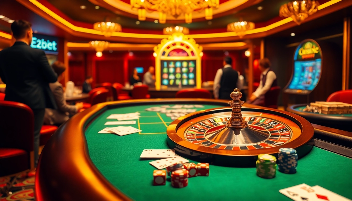 Experience the thrill of gambling at https://E2bett.in.net with luxurious casino elements like poker tables and roulette wheels.