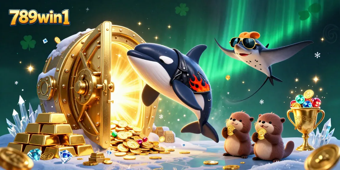 Experience thrilling fun with 789win1 as orca jumps, safeguarded by sea otters and a stingray in a vibrant casino