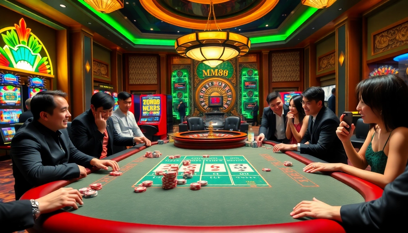 MM88 players enjoying an exciting game at a vibrant casino table with colorful chips.