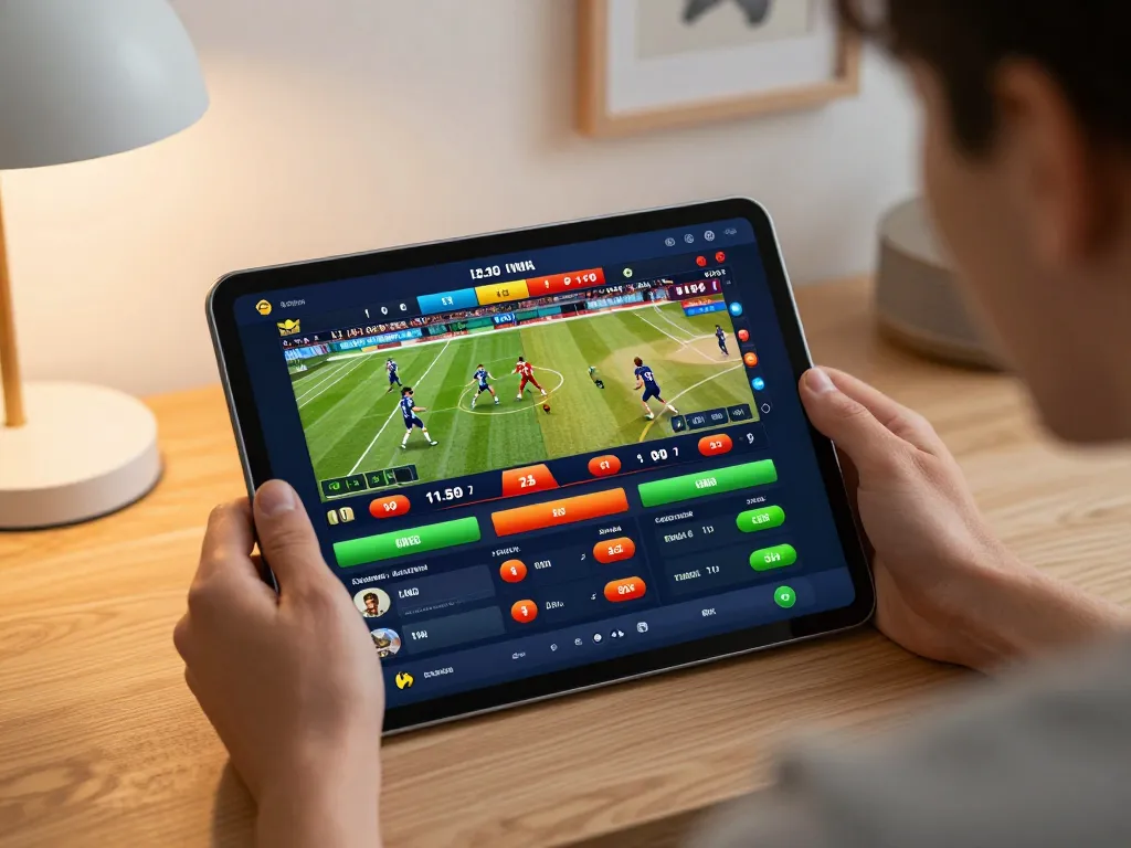 Person actively placing bets on 789betviet's online sports betting interface while showcasing interactions with engaging sports graphics.