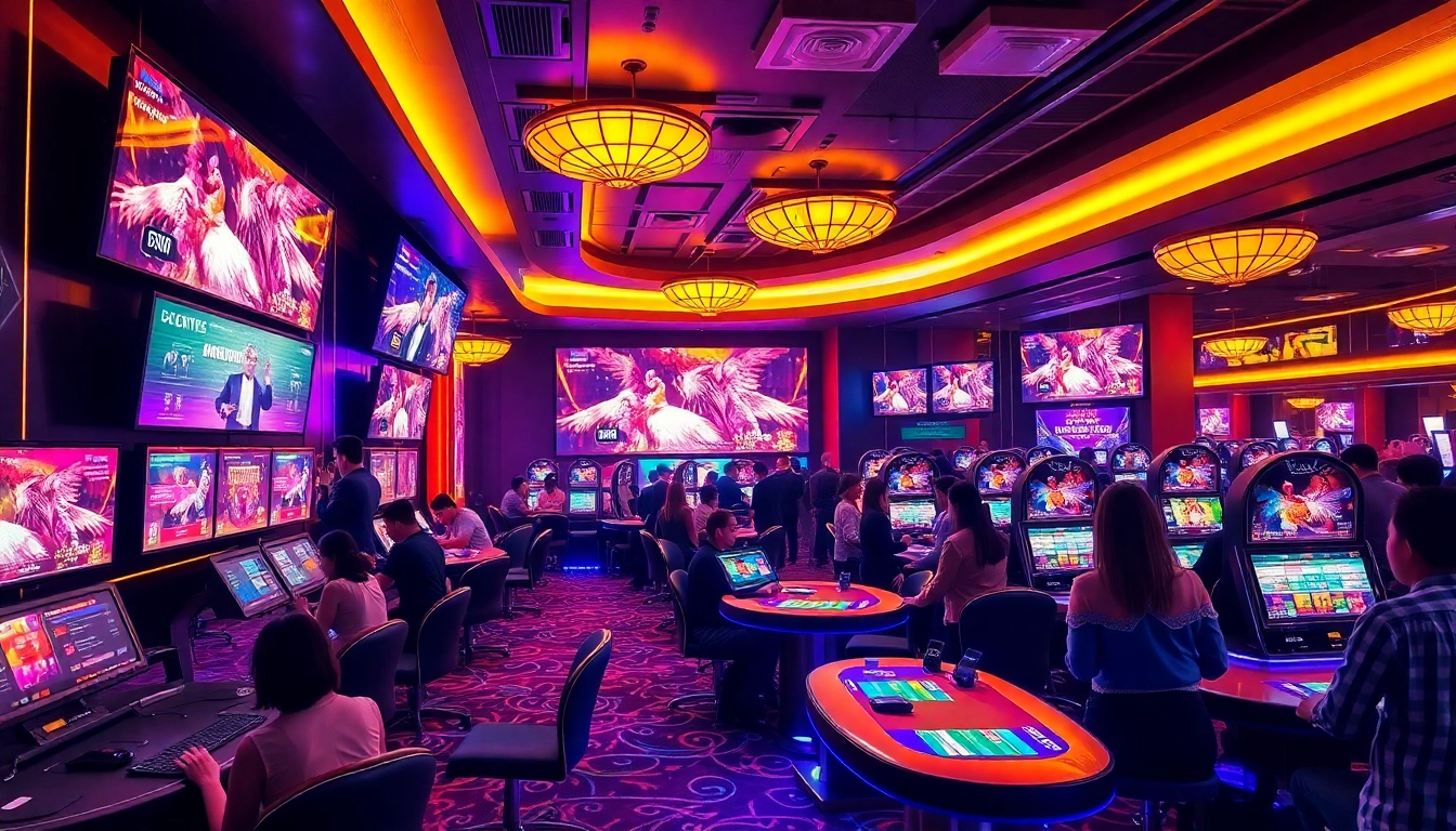 Exciting live ĐÁ GÀ 88 betting scene with vibrant digital screens and engaged gamblers.
