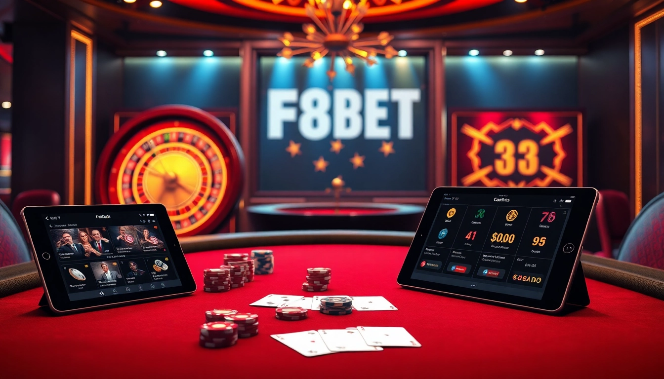 Engage in the excitement of F8BET with a stylish casino scene featuring a professional poker table and live betting elements.