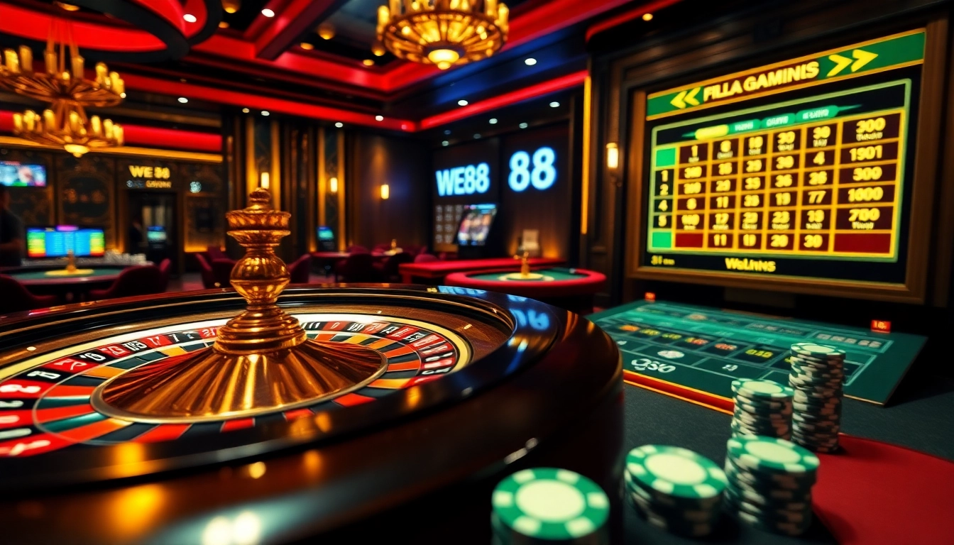 Experience the thrill of online gambling at https://we88top.io/ with a vibrant casino ambiance featuring roulette and poker elements.
