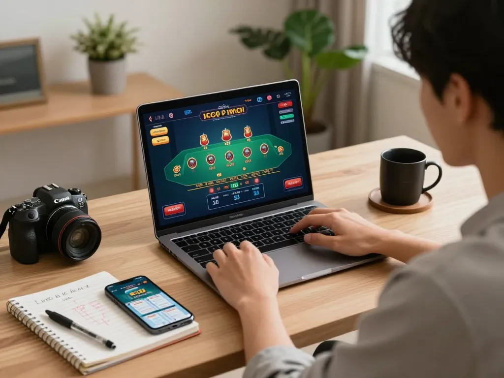 Engaging in online casino gaming with Nhà cái SC88, showcasing strategic betting on a laptop.