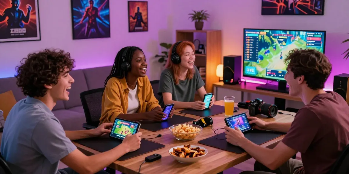 A lively gaming scene with friends enjoying 789Club games at home, showcasing neon lights and mobile devices, emphasizing fun and excitement.
