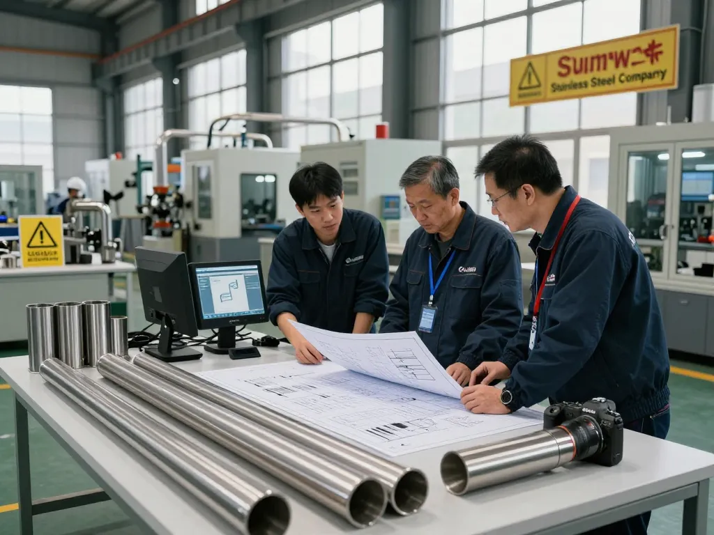 Engineers collaborating at Sumwin Stainless Steel Company, showcasing modern stainless steel products in a bright industrial setting.
