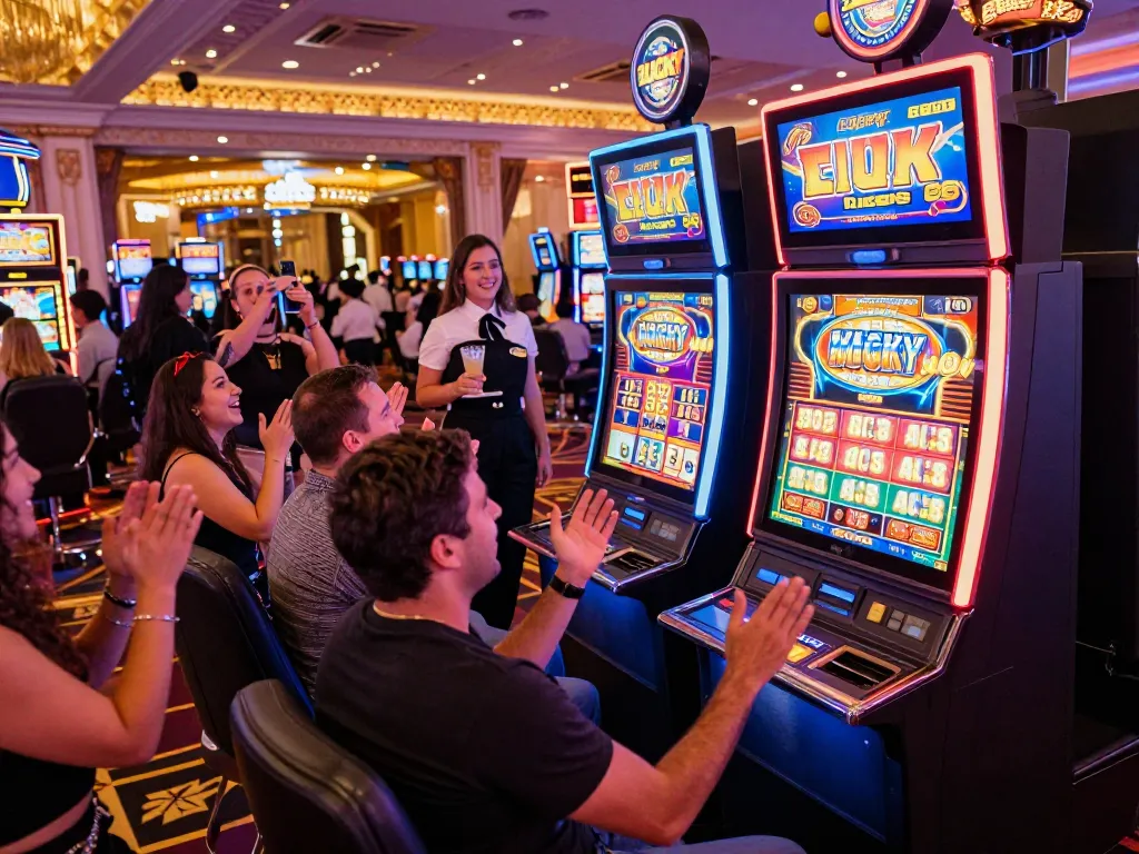 Exciting scene of players celebrating a win at Lucky 88 slot machine in a vibrant casino, capturing the thrill of gambling.