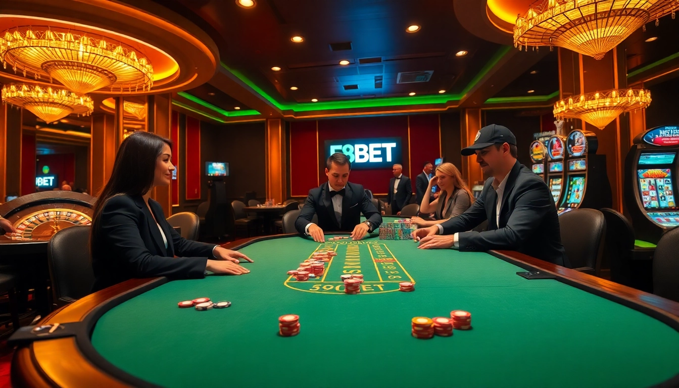 F8BET card game at an opulent casino table, highlighting excitement and luxury.