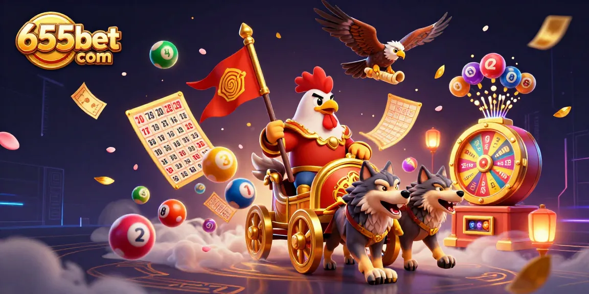 Engage with exciting games at 655bet com featuring vibrant illustrations of lottery balls, gaming elements, and more.