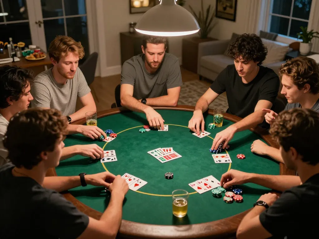 Players enjoying a poker game at home, showcasing the vibrant social atmosphere of 8kbetcom gaming night