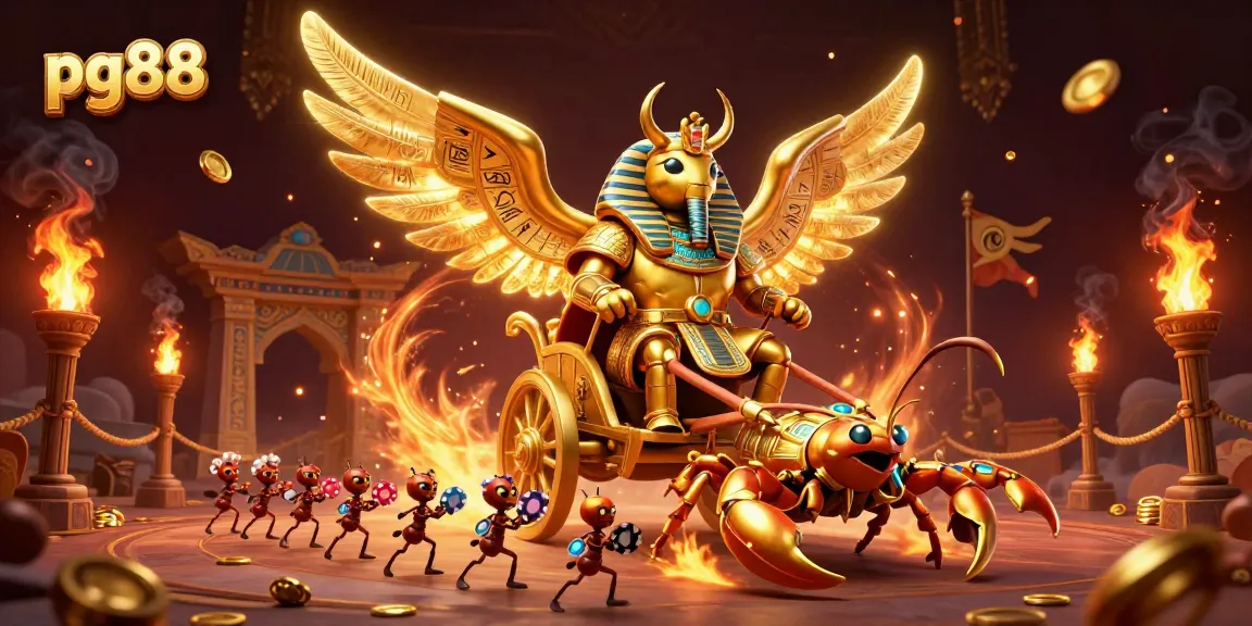 Engage with pg88's thrilling world featuring a golden scarab and scorpions in a dynamic casino illustration.