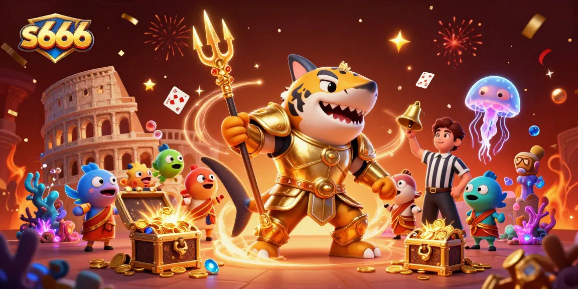 s666 unleashes the excitement in an underwater casino scene featuring a tiger shark in gladiator armor.