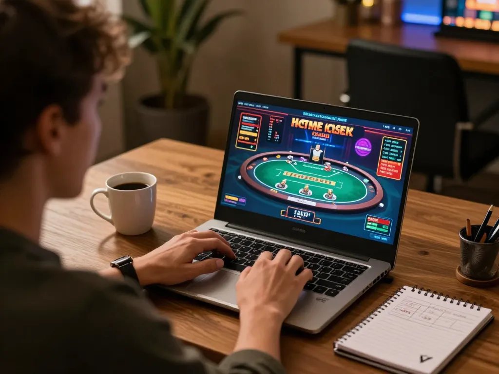 Engaging online gaming experience at https://uk88.ru.com/ showing vibrant poker action on laptop with strategies visible.