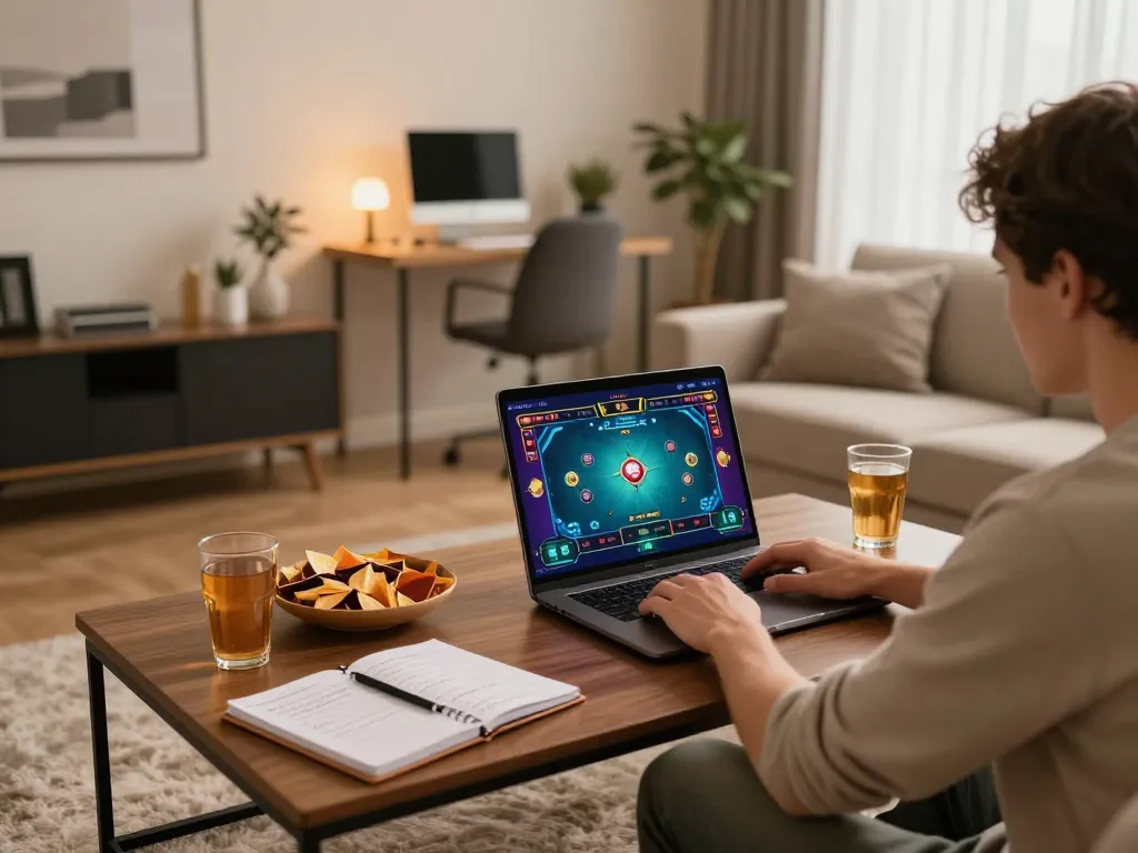 Player enjoying o8casino on a laptop in a cozy living room with snacks and strategy notes