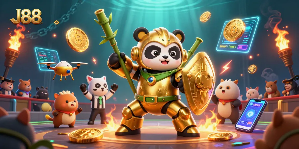 Engage with J88's dynamic gaming scene featuring animated characters and crypto elements.