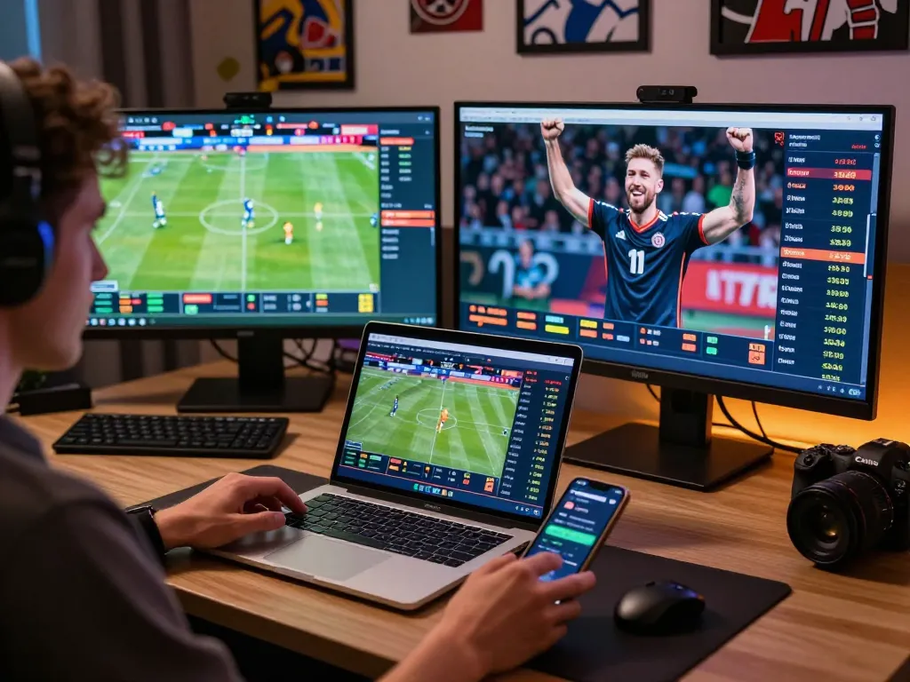 Player engages in online sports betting at nhà cái F168, celebrating a winning moment amid a modern setup.