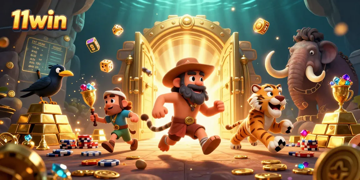 Engage with 11win's vibrant casino scene featuring caveman and sabertooth tiger amidst gold and jewels.