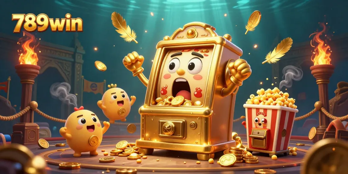 Experience the excitement of 789win as the golden slot machine hits a jackpot with coins pouring out.